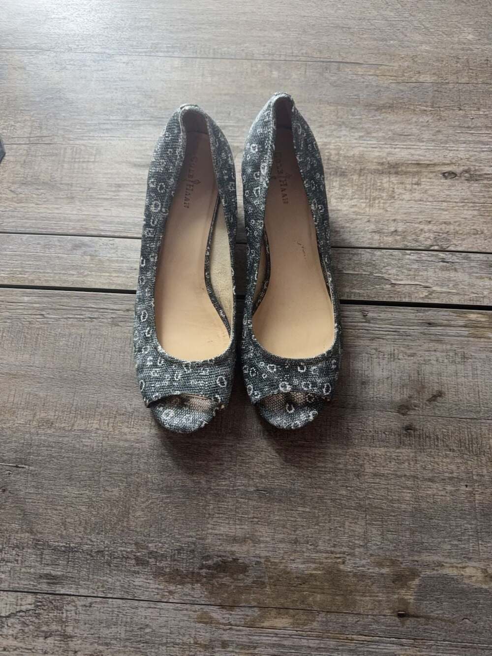 Cole Haan Black and White Patterned Peep Toe Wedge Heels